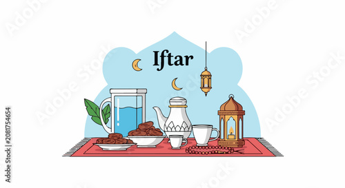 A vibrant illustration depicting Iftar with dates tea water and lanterns on a rug symbolizing Ramadan
