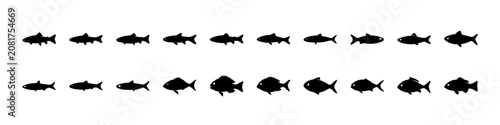 School of fish swimming in line - Black and white vector illustration of a school of fish swimming in a straight line formation, simple and clean design