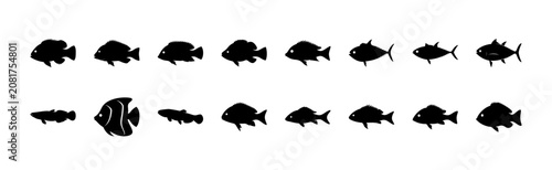 Black and white fish icons set in a row - A clean set of stylized black fish icons arranged in two rows for easy graphic use, perfect for web or print designs.