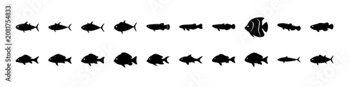 Black and white school of fish swimming - A clean and stylized black and white line art illustration of a diverse school of fish swimming in formation.