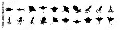 Black and white sea creature icons set - A stylized collection of black silhouettes featuring various sea creatures like fish, squid, and sharks in a minimalist icon style.