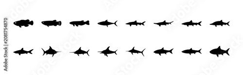 Black and white fish icons in row formation - Minimalist black and white fish icons arranged in two horizontal rows, ideal for web design, infographics, or educational materials.