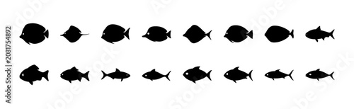 Black fish icons in modern flat style - A set of clean, minimal black fish icons in a modern flat design style, perfect for web and app graphics.