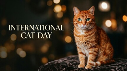 Orange Tabby Cat Sitting on Rock with Bokeh Lights Background Celebration Concept