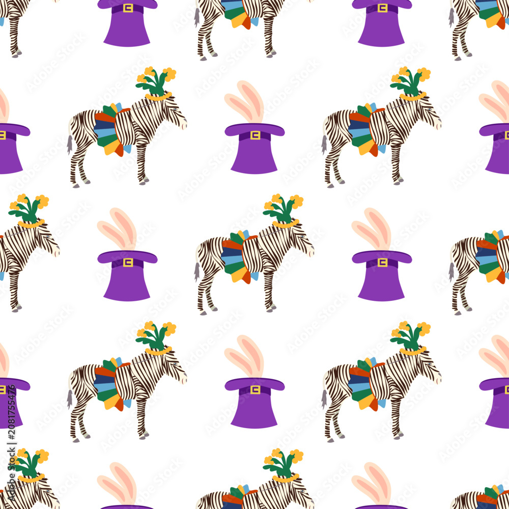 Obraz premium Seamless pattern with CIRCUS theme. Clowns, strongmen, lions, magic hat, hare in hat, holiday balloons tents. Circus characters. Cartoon flat style