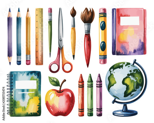 Fotografía Hand-Painted Classroom Supplies Watercolor, School Accessories Clipart Set, Isol
