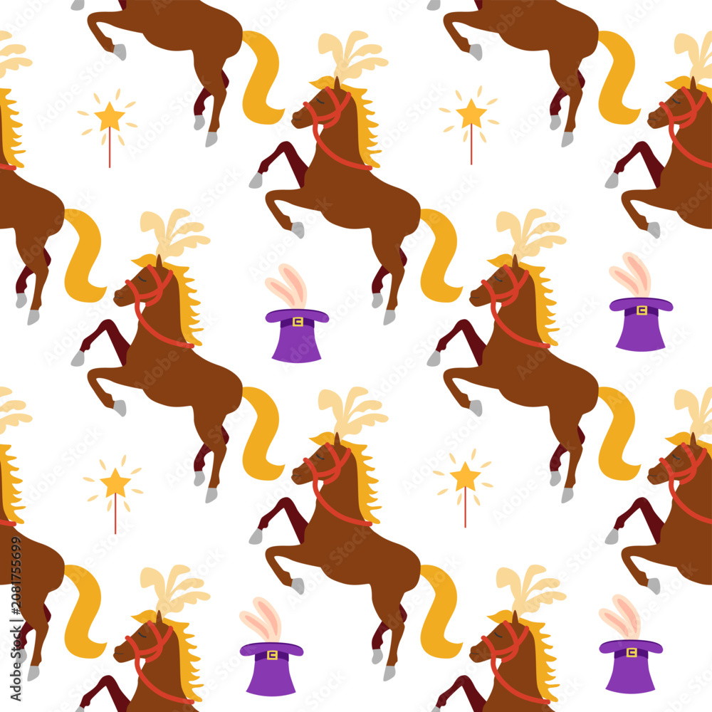Obraz premium Seamless pattern with CIRCUS theme. Clowns, strongmen, lions, magic hat, hare in hat, holiday balloons tents. Circus characters. Cartoon flat style
