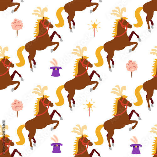 Seamless pattern with CIRCUS theme. Clowns, strongmen, lions, magic hat, hare in hat, holiday balloons tents. Circus characters. Cartoon flat style