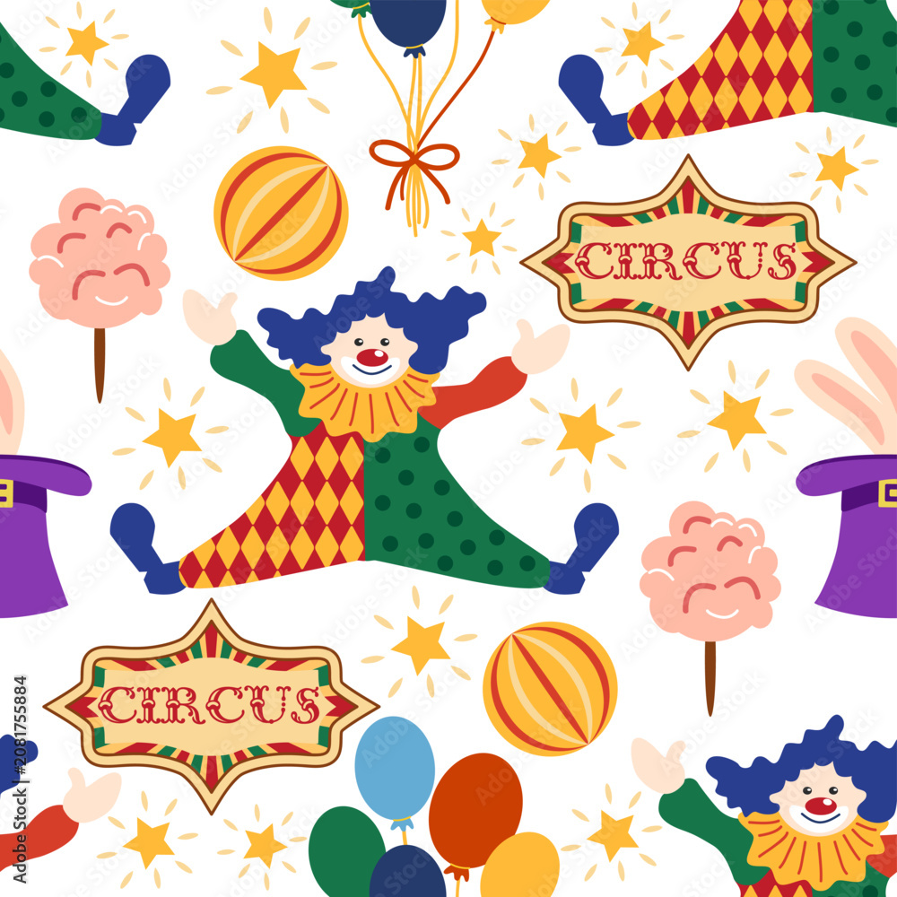 Naklejka premium Seamless pattern with CIRCUS theme. Clowns, strongmen, lions, magic hat, hare in hat, holiday balloons tents. Circus characters. Cartoon flat style