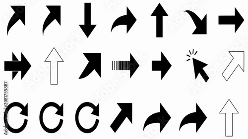 A comprehensive collection of black and white arrow including various shapes, directions, and styles on a plain white background