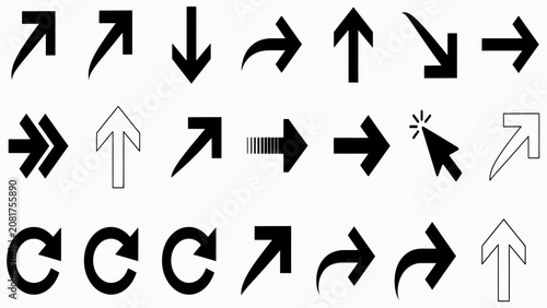 A comprehensive collection of black and white arrow including various shapes, directions, and styles on a plain white background