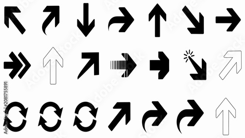A comprehensive collection of black and white arrow including various shapes, directions, and styles on a plain white background