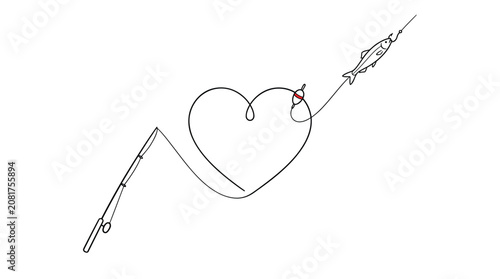 Minimalist line art drawing of a fishing rod forming a heart with a caught fish