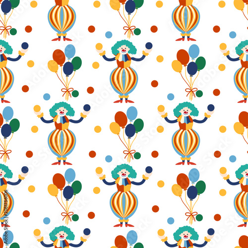 Seamless pattern with CIRCUS theme. Clowns, strongmen, lions, magic hat, hare in hat, holiday balloons tents. Circus characters. Cartoon flat style
