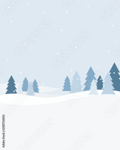 Minimalist winter landscape featuring stylized evergreen pine trees on snow covered hills under a soft light blue sky with falling snow