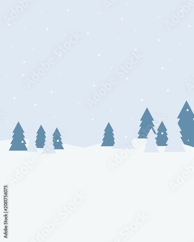 Simple winter landscape with stylized evergreen trees on white snow hills against a pale blue background, with light falling, snow particles