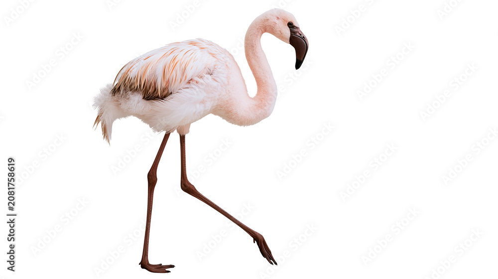 Obraz premium Pink flamingo bird with long legs walking, isolated on transparent background