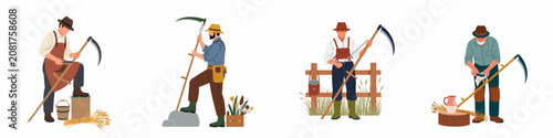 Bild auf Leinwand Set of illustrations depicting traditional farmers and peasants sharpening and holding scythes for manual harvest in rural environments