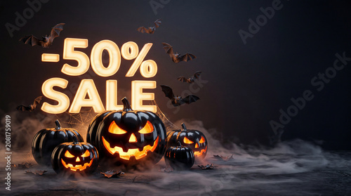 Halloween sale banner with 50 percent discount, glowing black pumpkins and bats