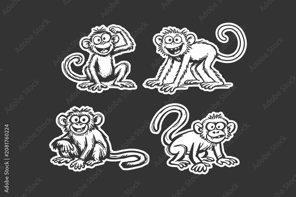 Fototapeta premium Monkey characters set featuring funny cartoon animals in a hand drawn sticker style with thick white outlines isolated on a solid dark gray background surface