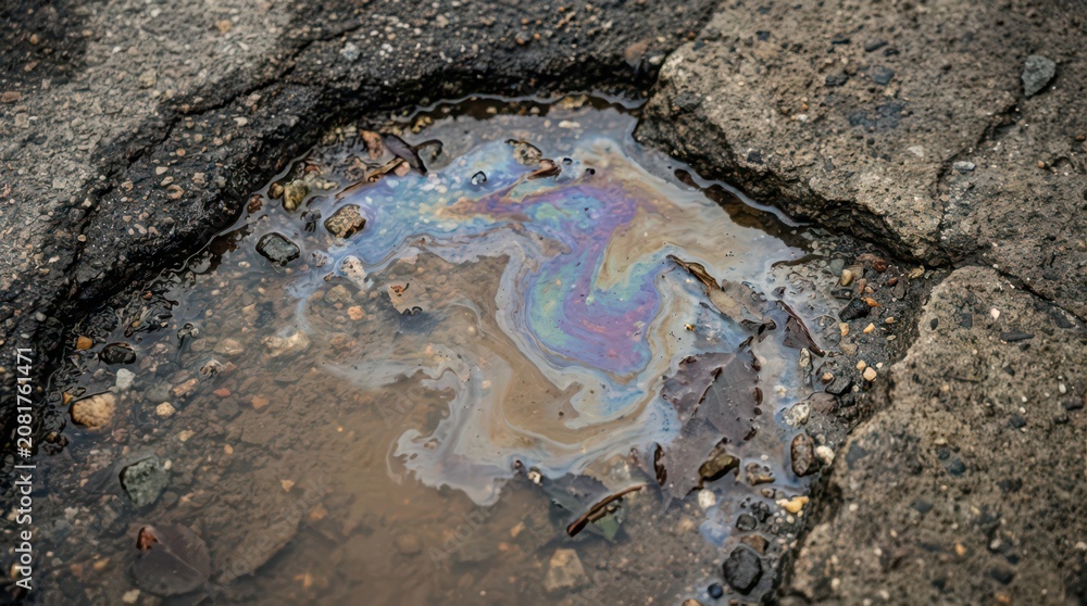 Naklejka premium Close-up of oil slick in cracked asphalt puddle with rainbow iridescent sheen for environmental background and pollution awareness banner