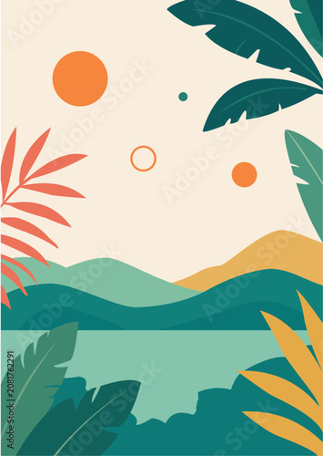 Minimalist boho tropical landscape wall art print. Abstract mid-century modern botanical poster featuring sun, mountains, and palm leaves for chic home decor.