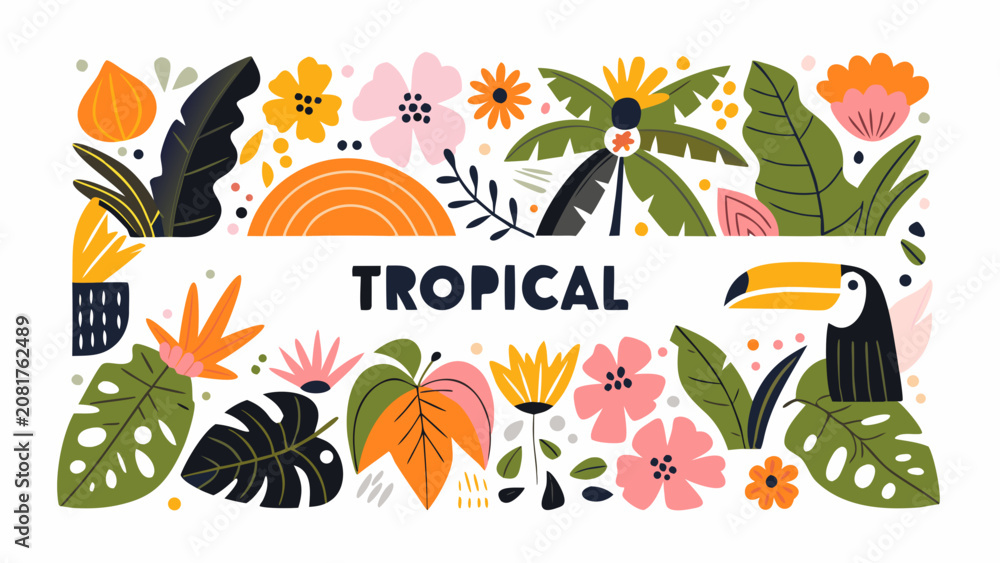 Fototapeta premium Tropical floral ornament with toucan and leaves a vibrant vector illustration on a white background botanical foliage