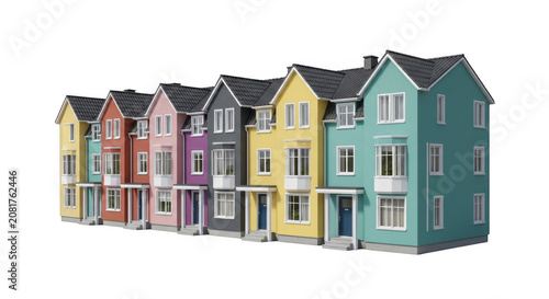 Colorful row houses arranged in a line during daylight with clear sky isolated on transparent background