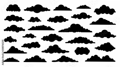 Bild auf Leinwand A collection of solid black cloud silhouettes arranged against a plain white bac