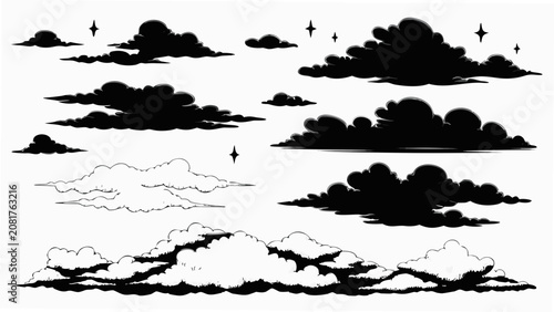 Obraz na plátně Collection of black cloud silhouettes with scattered star shapes against a white