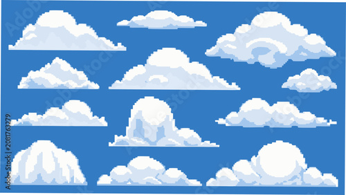 Tableau sur toile A collection of white pixelated clouds against a bright blue background a digita
