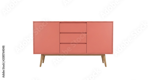 Coral sideboard with wooden legs during a studio shoot for interior design concepts Isolated on transparent background