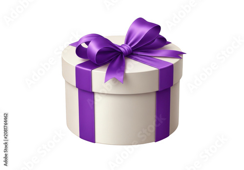Cream round gift box with vibrant purple satin ribbon and bow isolated on transparent background