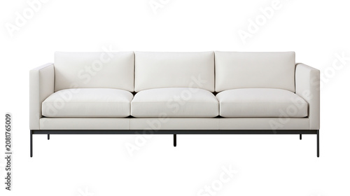 Modern white three-seater sofa with black metal legs, isolated on transparent background