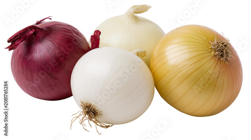 Cuadro en lienzo Group of red yellow and white onions, isolated on transparent background