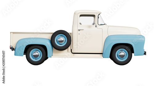 Tableau sur toile Classic two-tone cream and blue pickup truck with spare tire, isolated on transp
