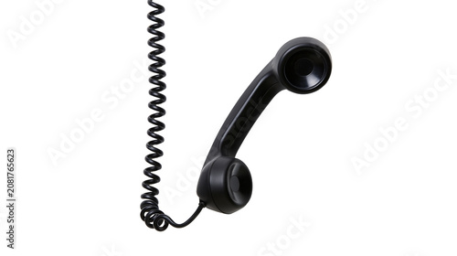 Bild auf Leinwand Black coiled cord connected to a vintage telephone handset, isolated on transpar