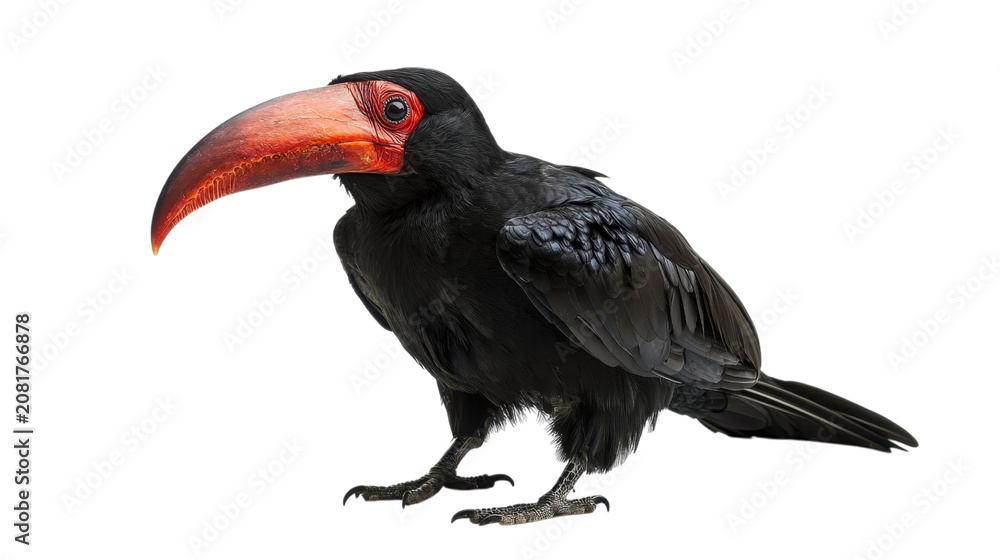 Obraz premium Exotic Black Bird with Striking Red Beak and Eyes on Black Background