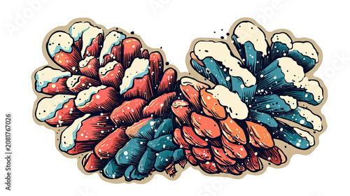 Retro Vintage Pinecones Sticker Illustration Covered in Snowy Winter Hues