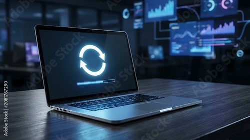 Laptop computer screen displaying glowing circular arrows and loading bar, representing data synchronization and software update process in modern office setting with digital charts background.