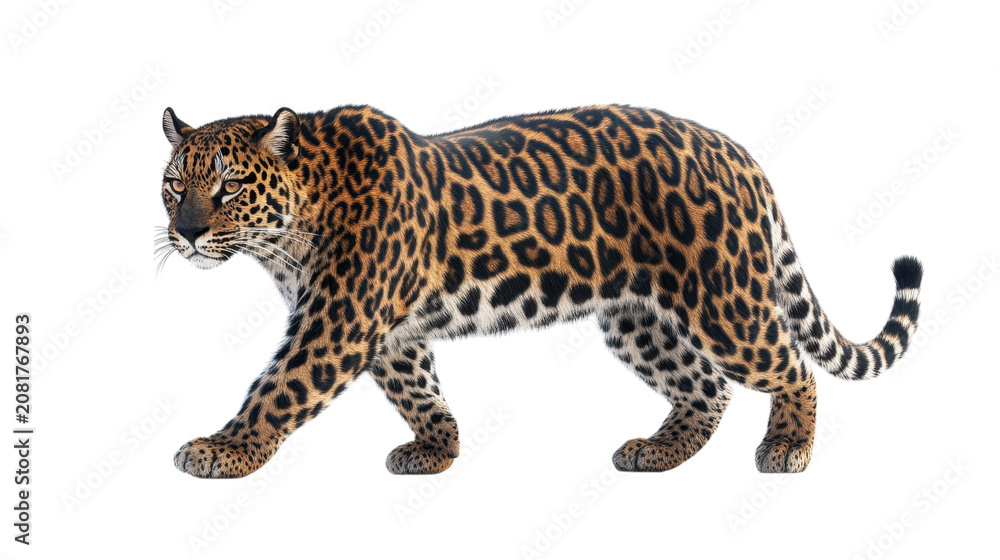 Fototapeta premium Majestic Leopard Walking Isolated on Solid Black Background
