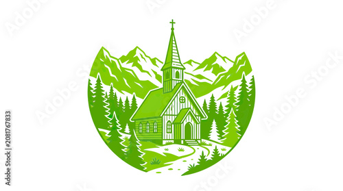 Tableau sur toile Serene Mountain Church surrounded by Lush Forest and Peaks