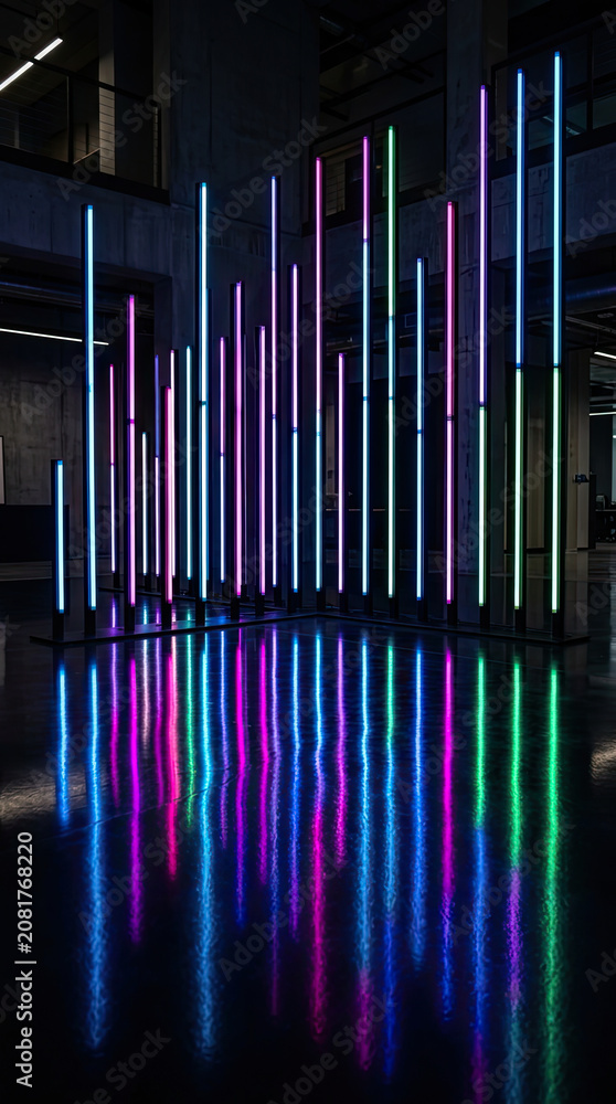 Fototapeta premium Neon light installation with colorful reflections on floor creates vibrant atmosphere