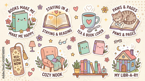 Photos Colorful book lover stickers with cozy reading themes
