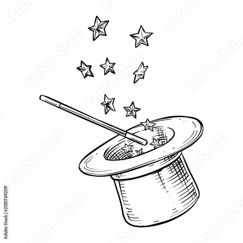 Photos magician hat and magic wand vector line art hand drawn illustration