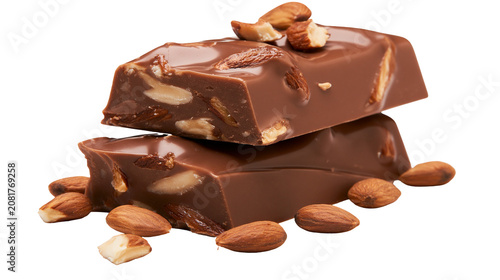 Stacked milk chocolate bars with whole and chopped almonds, isolated on transparent background