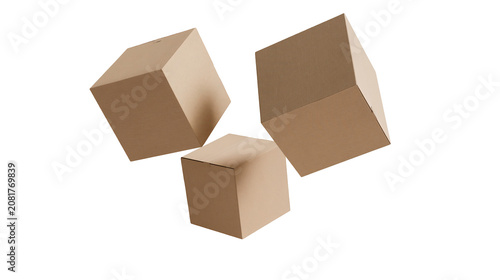 Schilderij op canvas Three brown cardboard boxes tumbling, isolated on transparent background