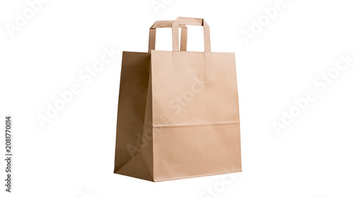 Brown paper shopping bag with handles, isolated on transparent background