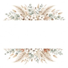 Muted Watercolor Dried Botanicals and Pampas Grass Frame Templates for Wedding Invitation and Elegant Branding Layouts