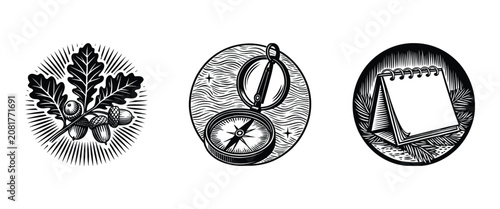 Linocut Boss's Day vector design bundles featuring oak leaves with acorns, a vintage navigation compass, and an office desk calendar badge icon in a classic woodcut style.